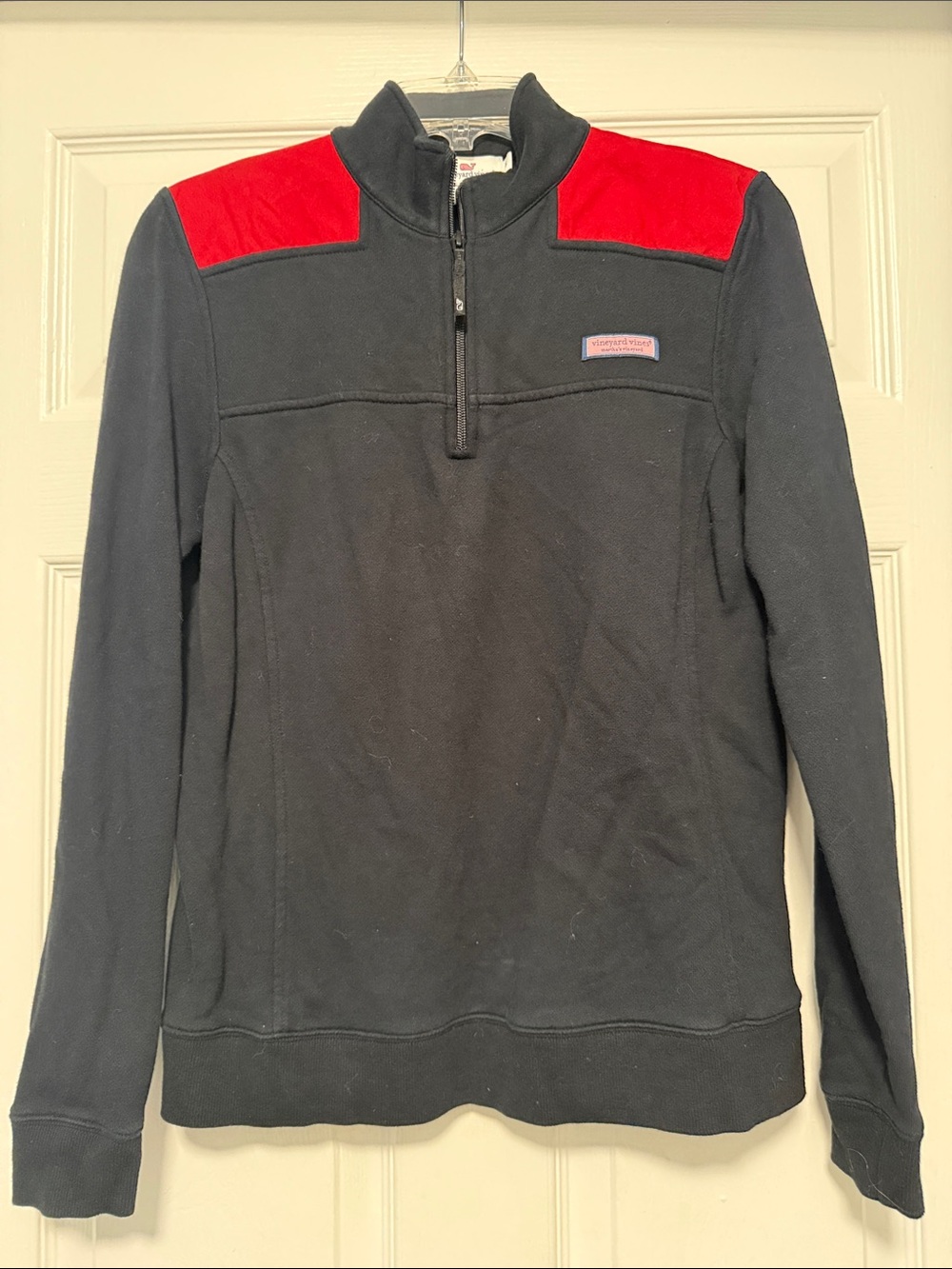 Vineyard Vines Black Quarter-Zip Pullover with Red Shoulder Panels